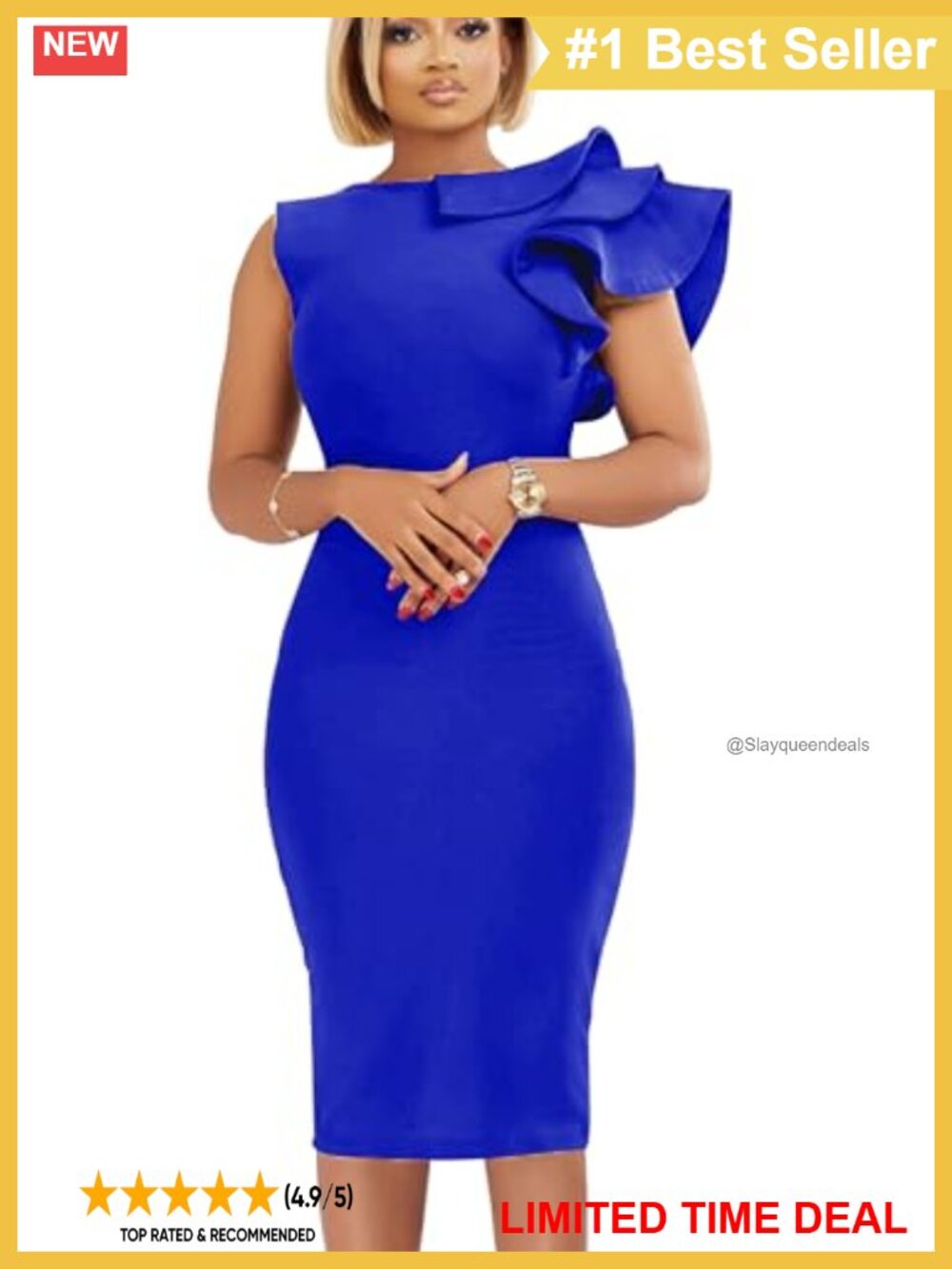 Elegant Formal Bodycon Ruffle Sleeveless Midi Cocktail Party Dress